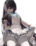  1girl absurdres akaridreaming apron bangs black_dress black_hair blue_archive blue_ribbon breasts commentary dark_skin dark_skinned_female dress dress_lift from_below gloves highres karin_(blue_archive) large_breasts lifted_by_self long_hair looking_at_viewer maid maid_apron maid_headdress panties pantyhose ribbon solo underwear very_long_hair white_apron white_gloves white_legwear white_panties yellow_eyes 