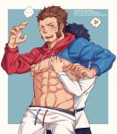  2boys abs bara bare_pecs blue_eyes blush brown_hair bulge cropped_hoodie edie_crop_hoodie facial_hair fashion fate/grand_order fate_(series) fujimaru_ritsuka_(male) goatee grabbing happy_sex heart highres hood hoodie large_pectorals long_sideburns male_focus meme_attire multiple_boys muscular muscular_male napoleon_bonaparte_(fate) navel nipples one_eye_closed pants pectoral_grab pectorals repost_notice scar scar_on_chest short_hair sideburns spoken_heart thick_thighs thighs wet white_pants yaoi yaosan233 