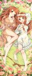  2girls ;d arm_at_side arm_up asahina_mikuru asahina_mikuru_(adult) bangs barefoot blush breasts brown_eyes brown_hair brown_ribbon cleavage commentary_request dual_persona eyebrows_visible_through_hair feet flower full_body hand_on_own_chest hand_up highres hotaru_iori index_finger_raised large_breasts light_rays long_hair long_sleeves looking_at_viewer lying mole mole_on_breast multiple_girls nightgown on_back on_side one_eye_closed open_mouth pink_flower purple_flower red_flower red_ribbon ribbon side-by-side smile sunbeam sunlight suzumiya_haruhi_no_yuuutsu toes wavy_mouth white_flower white_nightgown 