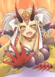  1girl blonde_hair breasts cleavage collarbone facial_mark fang fangs fate/grand_order fate_(series) fingernails forehead_mark horns ibaraki_douji_(fate) japanese_clothes kimono long_hair medium_breasts nikubanare oni_horns open_mouth sharp_fingernails skin_fang solo upper_body yellow_eyes yellow_kimono 