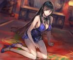  1girl bangs bare_arms bare_legs black_hair bow bowtie breasts cleavage dress final_fantasy final_fantasy_vii final_fantasy_vii_remake floor high_heels large_breasts legs long_hair long_legs looking_at_viewer purple_dress red_eyes sitting sitting_on_floor solo takahito tifa_lockhart 