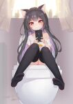  1girl absurdres animal_ear_fluff animal_ears bathroom black_hair black_legwear cat_ears cellphone commentary_request curtains dated full_body heart highres indoors long_hair naked_shirt no_shoes off_shoulder original phone red_eyes shebaotower shirt sitting smartphone soles thighhighs toilet window zettai_ryouiki 