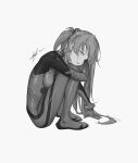  1girl absurdres arm_around_leg arm_support bwh eyepatch greyscale highres huge_filesize interface_headset knees_to_chest looking_at_viewer monochrome neon_genesis_evangelion plugsuit rebuild_of_evangelion shikinami_asuka_langley signature solo souryuu_asuka_langley spot_color 