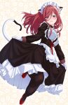  1girl animal_ear_fluff animal_ears apron bangs black_legwear blue_eyes blush cat_ears cat_tail dress floral_background frilled_dress frills gloves go-toubun_no_hanayome hair_between_eyes highres long_hair looking_at_viewer maid maid_apron maid_headdress mary_janes nakano_miku pantyhose parted_lips red_footwear red_hair shishamo_(masato_k) shoes skirt_hold smile solo tail white_gloves 