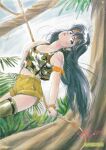  1980s_(style) 1girl absurdres ayukawa_madoka black_hair blue_eyes camouflage copyright_name earrings headband highres jewelry kimagure_orange_road long_hair looking_at_viewer midriff navel official_art pants pants_rolled_up retro_artstyle rope scan shorts solo suspenders swinging takada_akemi tank_top thighhighs 