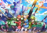  6+girls :d :o absurdres aircraft airplane bangs battleship blonde_hair blue_dress blue_eyes blue_hair blue_headwear blue_sky character_request cloud dress gloves green_dress green_headwear ground_vehicle gun helmet highres holding holding_gun holding_weapon huge_filesize long_hair looking_at_viewer military military_vehicle motor_vehicle multiple_girls open_mouth pink_hair purple_hair red_dress red_headwear rocket_launcher ship short_hair sky smile soldier tagme tank vivid_army warship watercraft wattaro weapon white_gloves yellow_eyes 