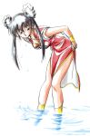  1990s_(style) 1girl absurdres bangs bent_over black_hair bracelet china_dress chinese_clothes dress dripping green_eyes hair_rings highres jewelry leaning_forward long_hair mamono_hunter_youko mano_youko miyao_gaku official_art retro_artstyle simple_background solo traditional_media twintails wading water wet white_background 