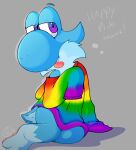  2020 anthro blue_body blue_fur blue_tail bottomless bottomless_anthro bottomless_male cheek_tuft clothed clothing contimplatininspiratio digital_media_(artwork) dinosaur english_text facial_tuft feet fur grey_background hi_res hybrid leg_markings lgbt_history_month lgbt_pride lighty_marteniz lizard looking_at_viewer male mario_bros markings multicolored_clothing nintendo oversized_sweater pawpads pink_pawpads pink_tongue pride_colors purple_eyes rainbow_clothing reptile scalie shaded signature simple_background socks_(marking) solo sweater text tongue tongue_out topwear tuft video_games yoshi 