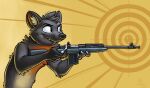  2021 aiming anthro digital_drawing_(artwork) digital_media_(artwork) gun hair half-length_portrait male mammal marten mustelid musteline nik159 portrait ranged_weapon simple_background solo target weapon yellow_background 