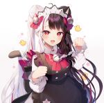  1girl :d ahoge animal_ears apron bangs bell black_apron black_dress black_hair blush bow bowtie breasts cat_ears cat_tail commentary double_bun dress fangs jingle_bell long_hair long_sleeves looking_at_viewer maid maid_headdress medium_breasts momoshiki_tsubaki multicolored_hair nijisanji open_mouth paw_pose red_bow red_eyes red_hair red_neckwear silver_hair simple_background smile solo star_(symbol) streaked_hair tail upper_body very_long_hair virtual_youtuber white_background white_headwear yorumi_rena 