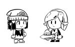  1boy 1girl artist_request barrette beanie boots chibi dawn_(pokemon) hair_ornament hat link long_sleeves over-kneehighs pointy_ears pokemon pokemon_(game) pokemon_bdsp scarf shield shirt simple_background sleeveless sleeveless_shirt smile sword the_legend_of_zelda the_legend_of_zelda:_link&#039;s_awakening thighhighs weapon white_background winter_clothes 