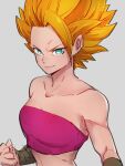  aqua_eyes barefoot blonde_hair breasts caulifla cleavage clenched_hand closed_mouth collarbone commentary_request dragon_ball dragon_ball_super grey_background kemachiku looking_at_viewer short_hair simple_background smile solo super_saiyan upper_body 