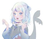  1girl bangs blue_eyes blue_hair blush claw_pose cropped_torso fish_tail gawr_gura hololive hololive_english luzi/fengli_nanzi multicolored_hair open_hands open_mouth shark_tail sharp_teeth silver_hair solo streaked_hair symbol_commentary tail teeth two_side_up upper_body virtual_youtuber white_background 