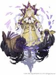  1girl beads blonde_hair book briar_rose_(sinoalice) closed_eyes cross-laced_footwear dress flower frills full_body habit hair_flower hair_ornament highres ji_no looking_at_viewer nun official_art sinoalice solo square_enix stuffed_toy thorns white_background yellow_dress 