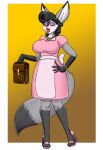  ankh anthro apron big_breasts bimbofication blush breasts briefcase canid canine clothing dress faust1173 female fennec footwear fox fur gem grey_body grey_fur hand_on_hip hi_res high_heels jewelry lips mammal mind_control necklace pearl_(gem) shoes solo spiral_eyes stepfordization thick_lips 