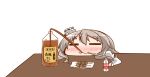  1girl bottle closed_eyes commentary_request drinking_straw food grey_hair hat kantai_collection kebab mini_hat nanakusa_nazuna pola_(kancolle) simple_background sipping smile solo table thick_eyebrows tilted_headwear upper_body wavy_hair white_background 