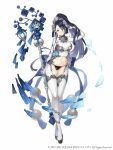  1girl bodysuit breasts crossed_legs dark_blue_hair earrings eyebrows_visible_through_hair full_body hair_over_one_eye highres holding holding_staff jewelry ji_no kaguya_hime_(sinoalice) large_breasts long_hair looking_at_viewer navel official_art platform_footwear ponytail silver_trim sinoalice skull smile solo square_enix staff watson_cross white_background white_bodysuit 
