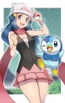  1girl beanie blue_eyes blue_hair blush border bracelet commentary_request dawn_(pokemon) dress eyelashes gen_4_pokemon hat head_tilt highres holding holding_poke_ball jewelry long_scarf open_mouth outline outside_border piplup poke_ball poke_ball_(basic) pokemon pokemon_(creature) pokemon_(game) pokemon_dppt scarf shiny shiny_skin smile starter_pokemon teeth tongue white_border white_headwear yasu_suupatenin 