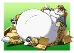  anthro bartolo_polkakitty belly big_belly bottomless chubby_cheeks clothed clothing dewlap_(anatomy) double_chin felid food fur hair hyper hyper_belly leopard love_handles lying male mammal moobs morbidly_obese morbidly_obese_anthro morbidly_obese_male navel obese obese_anthro obese_male on_back open_clothing open_mouth open_shirt open_smile open_topwear orange_body orange_fur overweight overweight_anthro overweight_male pantherine paw_pose pizza pizza_box pokelai pose shirt smile solo spots spotted_body spotted_fur teeth tongue topwear 