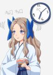  1girl asakaze_(kancolle) bangs blue_bow blue_eyes blue_hakama blush_stickers bow clock commentary_request forehead hair_bow hakama japanese_clothes kantai_collection light_brown_hair long_hair mayura2002 meiji_schoolgirl_uniform paper parted_bangs sidelocks solo translation_request wall_clock wavy_hair 