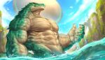  abs anthro bathing biceps blue_sky claws crocodilian green_body hi_res league_of_legends looking_up male muscular muscular_anthro muscular_male pecs rabbity renekton reptile riot_games river scales scalie sky solo teeth video_games water yellow_eyes 