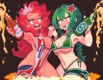  2girls alcohol armpits beer beer_bottle bikini black_background braid breasts budweiser cleavage cowboy_shot crown_(symbol) drunk gashi-gashi green_hair hair_between_eyes hair_ornament heineken holding interlocked_fingers large_breasts long_hair looking_at_viewer multiple_girls navel open_mouth original personification red_hair side-tie_bikini sidelocks slingshot_swimsuit star_(symbol) sweat swimsuit teeth thigh_strap tongue wavy_hair 