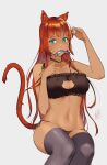  1girl absurdres animal_ears bangs bell black_bra black_panties blush borrowed_character bra cat_cutout cat_ear_panties cat_ears cat_girl cat_lingerie cat_tail clothing_cutout collarbone damodar dark_skin eyebrows_visible_through_hair fang fish fish_in_mouth frilled_bra frills green_eyes grey_legwear highres invisible_chair jingle_bell long_hair looking_at_viewer meme_attire navel neck_bell orange_hair original panties paw_pose shiny shiny_hair side-tie_panties simple_background sitting skin_fang solo stomach tail thighhighs underwear underwear_only very_long_hair whisker_markings white_background 