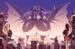  3_heads anthro armless big_breasts breasts city crossgender female godzilla_(series) huge_breasts hydra hyper hyper_breasts kaiju king_ghidorah macro membrane_(anatomy) membranous_wings mtf_crossgender multi_head non-mammal_breasts nude pyc-art solo thick_thighs toho wings 