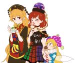  3girls american_flag american_flag_dress american_flag_shirt bangs black_dress black_shirt blonde_hair blush chain chinese_clothes clownpiece commentary_request crescent dress earth_(ornament) fairy fairy_wings food frilled_shirt_collar frills gold_chain hat headdress hecatia_lapislazuli holding holding_food ice_cream jester_cap junko_(touhou) licking long_hair looking_at_another moon_(ornament) multicolored multicolored_clothes multicolored_skirt multiple_girls off-shoulder_shirt off_shoulder plaid plaid_skirt polka_dot polka_dot_headwear polos_crown red_eyes red_hair shikushiku_(amamori_weekly) shirt skirt standing star_(symbol) star_print t-shirt tongue touhou white_background wide_sleeves wings 