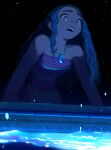  1girl all_fours bare_shoulders crying crying_with_eyes_open dark_skin dark_skinned_female flat_chest glowing_liquid jewelry lips long_hair moana_(movie) moana_waialiki necklace night open_mouth orz pano_(mohayayamai) pendant sky solo star_(sky) starry_sky strapless tears thick_eyebrows tubetop upper_teeth water wavy_hair 