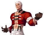  1boy abs bangs black_choker brown_gloves choker clenched_hand collarbone commentary_request cowboy_shot cropped_jacket earrings evilgun gloves heart heart_choker highres jacket jewelry looking_at_viewer male_focus muscular muscular_male nanakase_yashiro navel pants pectorals red_eyes red_jacket short_hair sidepec simple_background smile solo standing suspenders the_king_of_fighters the_king_of_fighters_&#039;97 veins white_background white_hair white_pants 