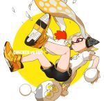  1girl bangs bird black_shorts blonde_hair blunt_bangs chicken commentary dolphin_shorts egg english_text feathers floating gradient_hair headgear high_tops holding holding_weapon inkling long_hair luna_blaster_(splatoon) multicolored_hair parted_lips pointy_ears print_shirt red_eyes shirt shoes short_shorts short_sleeves shorts silver_hair solo splatoon_(series) splatoon_2 tentacle_hair very_long_hair weapon white_shirt yellow_footwear yeneny 