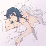  2girls bangs bare_shoulders bed_sheet blanket blue_hair blush breasts byleth_(fire_emblem) byleth_(fire_emblem)_(female) cleavage commentary_request couple edelgard_von_hresvelg eyebrows_visible_through_hair fire_emblem fire_emblem:_three_houses from_above from_side hair_between_eyes lying multiple_girls on_side pillow riromomo sleeping spooning upper_body white_hair yuri 