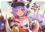 1girl 2021 animal_ears animal_print bangs bare_shoulders bikini blue_hair blush breasts cleavage cow cow_ears cow_girl cow_hat cow_horns cow_print cow_tail detached_collar detached_sleeves draph ear_piercing fake_animal_ears gradient gradient_background granblue_fantasy green_background ground_vehicle horns houjicha_p large_breasts leaning_forward long_hair looking_at_viewer motor_vehicle motorcycle navel on_motorcycle open_mouth piercing pointy_ears shatola_(granblue_fantasy) sheer_clothes short_shorts shorts smile swimsuit tail thighhighs thighs white_bikini white_legwear white_shorts wide_sleeves 