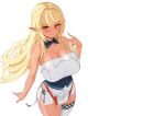  blonde_hair blush breasts cleavage corset dark_skin hololive jefflink long_hair orange_eyes pointed_ears shiranui_flare shorts thighhighs white 