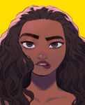  1girl backlighting biting brown_eyes brown_hair close-up collarbone dark_skin dark_skinned_female face forehead lip_biting lips moana_(movie) moana_waialiki pano_(mohayayamai) solo wavy_hair yellow_background 