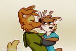  annoyed anthro antlers black_clothing black_shirt black_topwear blue_clothing blue_shirt blue_topwear brown_body brown_fur canid canine canis cervid clothing darwin_(tinydeerguy) domestic_dog duo eyes_closed frown fur green_sweatshirt hoodie horn hug licking male mammal matt_riskely shirt simple_background tan_background tan_body tan_fur tinydeerguy tongue tongue_out topwear 