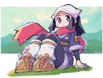  1girl absurdres arm_support artist_name black_hair blush_stickers female_protagonist_(pokemon_legends:_arceus) grass head_scarf highres japanese_clothes legs_together looking_at_viewer pokemon pokemon_(game) pokemon_legends:_arceus rariatto_(ganguri) red_scarf sandals scarf sitting solo twitter_username 