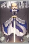  1girl ahoge armor armored_dress artoria_pendragon_(all) blonde_hair boa_(brianoa) commentary excalibur_(fate/stay_night) fate/stay_night fate_(series) gauntlets green_eyes looking_at_viewer open_mouth ponytail saber short_hair sword weapon 