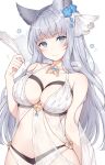  1girl animal_ears ayuanlv bare_shoulders bikini blue_eyes breasts choker cleavage collarbone cowboy_shot erune feathers flower granblue_fantasy groin hair_flower hair_ornament halter_top halterneck hand_up holding korwa large_breasts long_hair looking_at_viewer navel see-through silver_hair smile solo stomach swimsuit white_bikini 