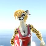  2021 3d_(artwork) 3d_animation animated bouncing_breasts breasts cheetah cleavage clothed clothing digital_media_(artwork) felid feline female fur lifeguard low_res mammal mirall one-piece_swimsuit outside red_eyes running sea slow_motion solo sport_swimsuit spots spotted_body spotted_fur swimwear water zorryn 