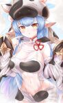  1girl absurdres animal_ears animal_print bangs bare_shoulders bikini blue_hair blush breasts cleavage cow_ears cow_girl cow_hat cow_horns cow_print detached_collar detached_sleeves draph ear_piercing fake_animal_ears granblue_fantasy highres horns large_breasts long_hair looking_at_viewer min1910 navel open_mouth piercing pointing pointing_at_self pointy_ears shatola_(granblue_fantasy) sheer_clothes short_shorts shorts swimsuit thighs white_bikini white_shorts wide_sleeves yellow_eyes 