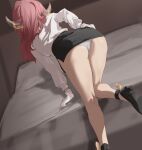  1girl absurdres all_fours aru_(blue_archive) ass bare_legs bed black_footwear black_skirt blue_archive breasts demon_horns doneen69 dress_shirt dutch_angle from_behind gloves hand_on_hip high_heels highres horns kneepits legs long_hair long_sleeves miniskirt on_bed panties pencil_skirt pink_hair shirt shoes skirt solo thighs underwear white_gloves white_panties white_shirt 