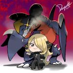  1girl blonde_hair blush breasts chibi cynthia_(pokemon) dragonith full_body garchomp gen_4_pokemon glint grey_eyes hair_ornament hair_over_one_eye heavy_breathing long_hair looking_at_viewer pokemon pokemon_(creature) pokemon_bdsp saliva shadow smile standing very_long_hair 