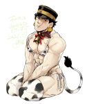  1boy abs alternate_costume animal_ears animal_print bara bell black_eyes black_hair blush bra chinese_zodiac covered_nipples cow_boy cow_ears cow_horns cow_print cow_tail crossdressing full_body golden_kamuy happy_new_year head_tilt horns kneeling looking_at_viewer maeba_(morbid+lovers) male_cleavage male_focus mature_male muscular muscular_male neck_bell new_year nipples panties pectorals print_bra print_legwear scar scar_on_cheek scar_on_face scar_on_mouth scar_on_nose short_hair sideburns sidepec solo spiked_hair stomach sugimoto_saichi tail thick_thighs thighhighs thighs translation_request underwear veins year_of_the_ox 