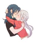  2girls bangs black_shirt blue_hair blush breasts byleth_(fire_emblem) byleth_(fire_emblem)_(female) closed_mouth commentary_request couple dress edelgard_von_hresvelg eyebrows_visible_through_hair fire_emblem fire_emblem:_three_houses from_side hair_between_eyes hand_on_another&#039;s_head hug kiss long_hair long_sleeves multiple_girls red_dress riromomo shirt short_sleeves side_ponytail sidelocks simple_background smile upper_body white_background white_hair yuri 