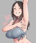  2021 agawa_ryou armpits breasts brown_eyes brown_hair dated english_commentary grey_background grey_shirt grin large_breasts long_hair looking_at_viewer raised_eyebrows shirt simple_background smile solo sweat tank_top 