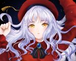  1girl arms_up bangs beret blush breasts brooch caren_hortensia caren_hortensia_(amor_caren) closed_mouth dress expressionless fate/grand_order fate_(series) hat jewelry long_hair long_sleeves looking_at_viewer medium_breasts neck_ribbon parted_lips red_dress red_headwear ribbon tsuribori upper_body wavy_hair white_hair yellow_eyes 