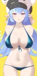  1girl absurdres animal_ears animal_print arms_behind_back bangs bare_shoulders bikini blue_bikini blue_hair blush breasts cleavage collarbone cow_ears cow_girl cow_hat cow_horns cow_print dongye1551 draph ear_piercing fake_animal_ears granblue_fantasy highres horns large_breasts long_hair looking_at_viewer navel piercing pointy_ears shatola_(granblue_fantasy) swimsuit thighs yellow_background 