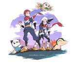  1boy 1girl :&lt; commentary cyndaquil english_commentary female_protagonist_(pokemon_legends:_arceus) flying gen_2_pokemon gen_5_pokemon gen_7_pokemon hat head_scarf highres holding holding_poke_ball japanese_clothes kelvin-trainerk male_protagonist_(pokemon_legends:_arceus) oshawott pantyhose poke_ball poke_ball_(legends) pokemon pokemon_(creature) pokemon_(game) pokemon_legends:_arceus red_headwear rowlet serious smile twitter_username 